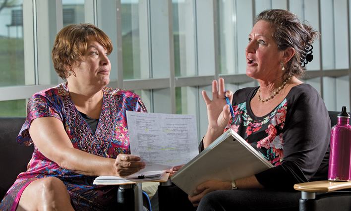 As its director, Celeste Evans (left) is immersed in every aspect of AHEAD. She oversees the schedules, develops and helps implement new programs and even finds time to teach a class. Andrea Pappas (right) also credits Evans’ advice during a pre-enrollment interview for helping her succeed in the program. Pappas earned an associate degree this year and is pursuing a bachelor’s degree from Tusculum College in Greeneville, Tenn.