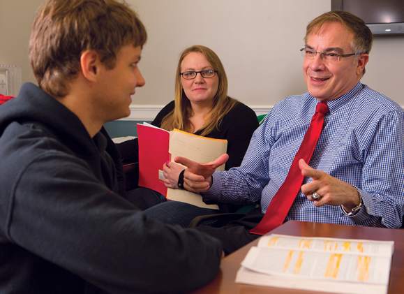 Stephen Abel (right), a retired Army colonel, directs the Office of Veterans & Military Programs & Services at Rutgers University. Here he confers with Marine Corps veteran Andrey Volfson and Patricia Larkin, who served in the U.S. Coast Guard. Abel says his office has worked nearly three years to ensure that “the veteran’s point of view is always considered” at Rutgers.